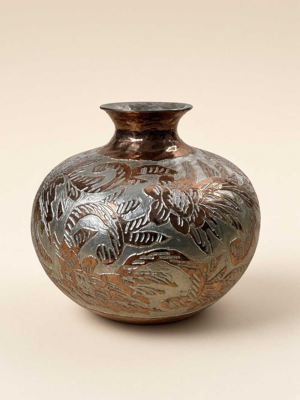 Copper Gallery Vase, La Villita San Antonio, Silver Overlay Birds Flowers